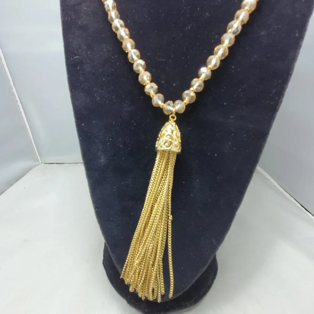 DSW Ivory & topaz beaded necklace with gold tassel - Picture 3 of 11